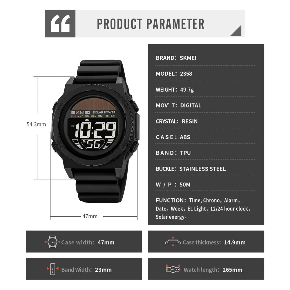 SKMEI 2358 Solar Powered Digital Watch Electronic Waterproof Sports Wristwatch with EL Backlight