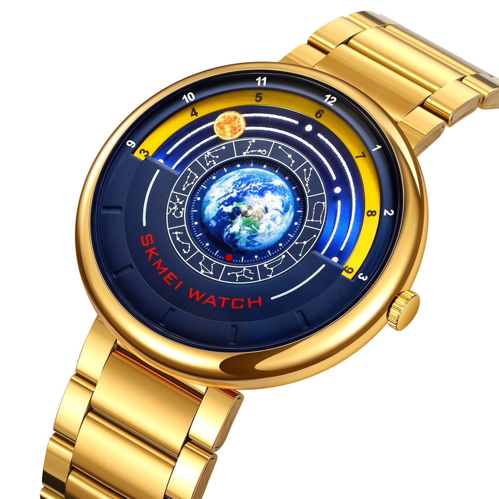 SKMEI 2361 Kreativt Planetmønster Kvartsur 30m Vandtæt Stålbånd Rund Urskive Armbåndsur