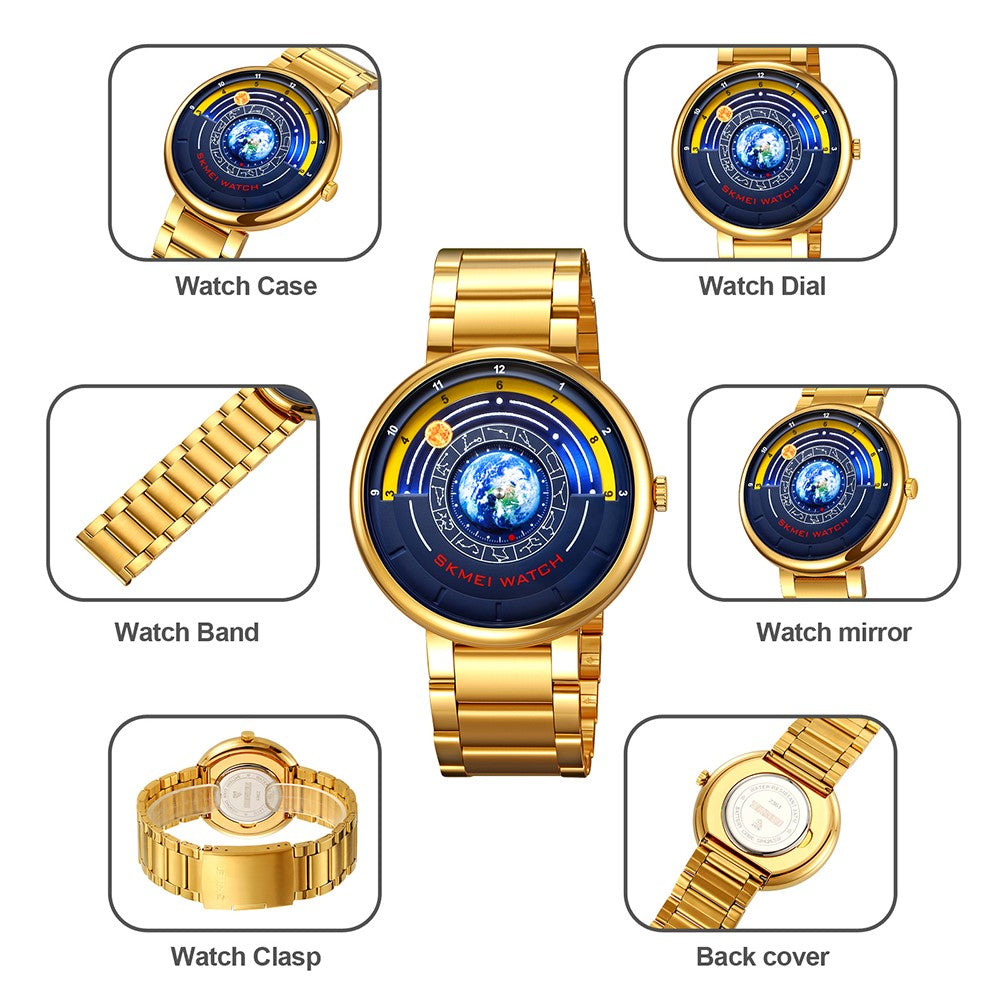 SKMEI 2361 Kreativt Planetmønster Kvartsur 30m Vandtæt Stålbånd Rund Urskive Armbåndsur
