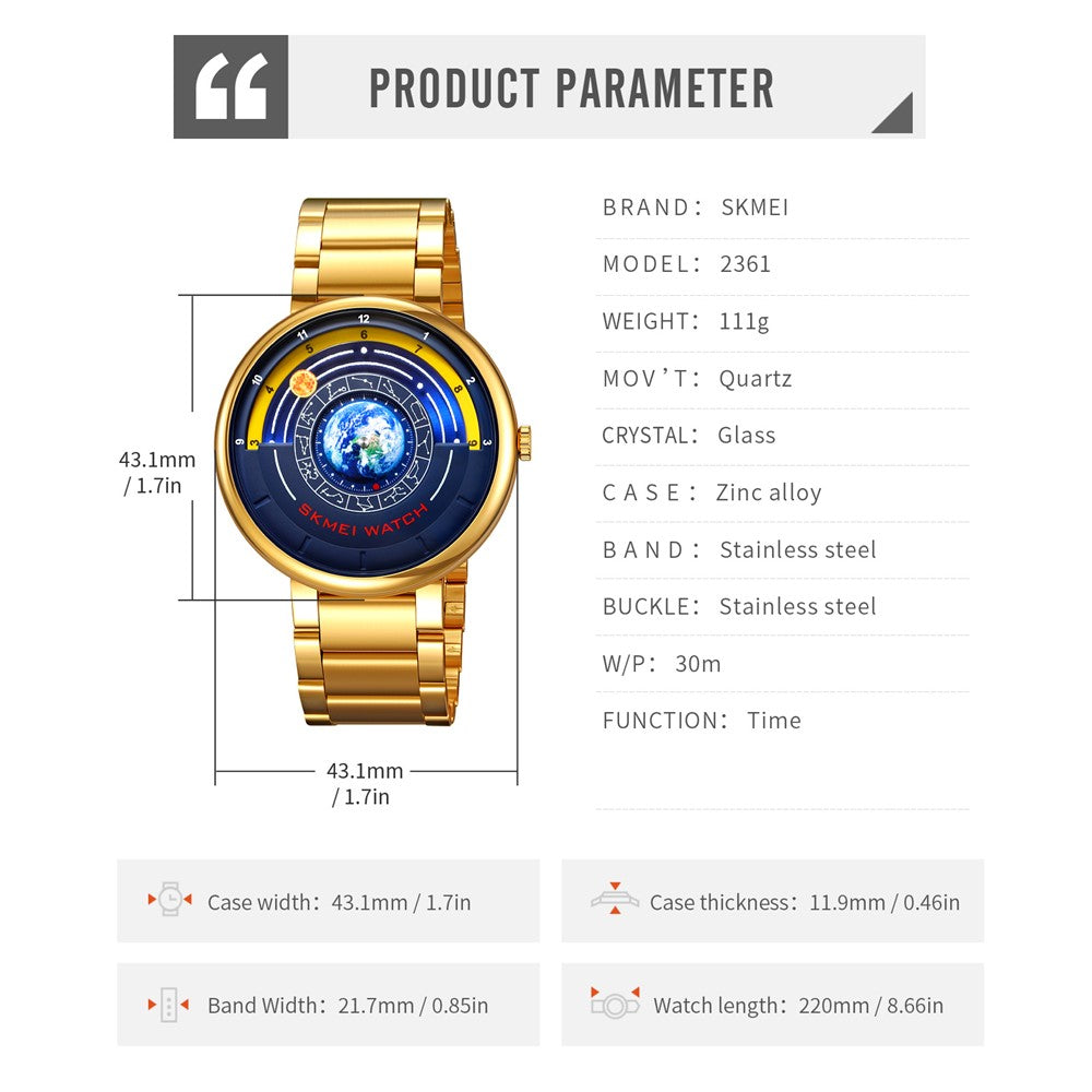 SKMEI 2361 Kreativt Planetmønster Kvartsur 30m Vandtæt Stålbånd Rund Urskive Armbåndsur