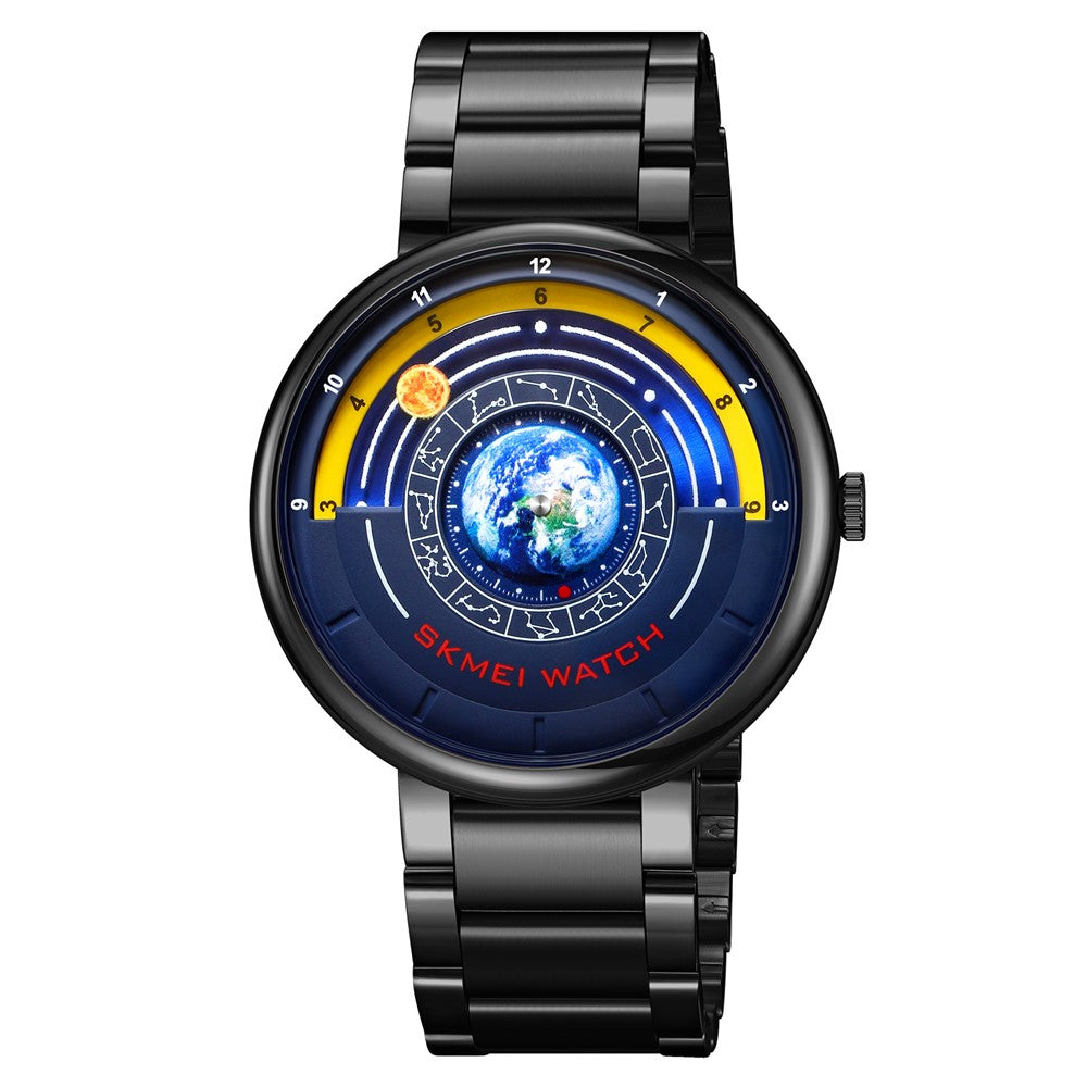 SKMEI 2361 Kreativt Planetmønster Kvartsur 30m Vandtæt Stålbånd Rund Urskive Armbåndsur