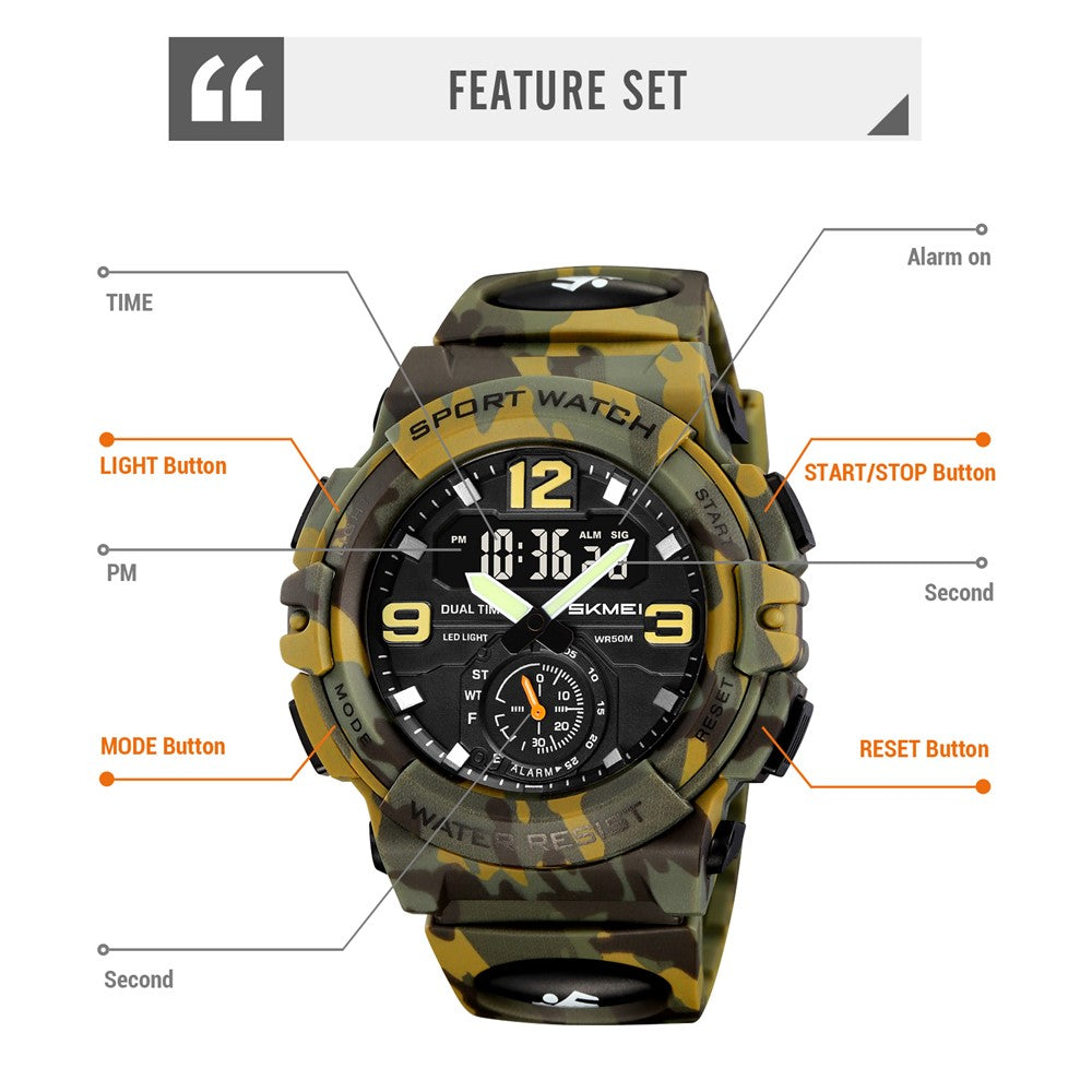 SKMEI 2341 Digital Sports Watch Camouflage Design Waterproof Alarm Watch with LED Backlight