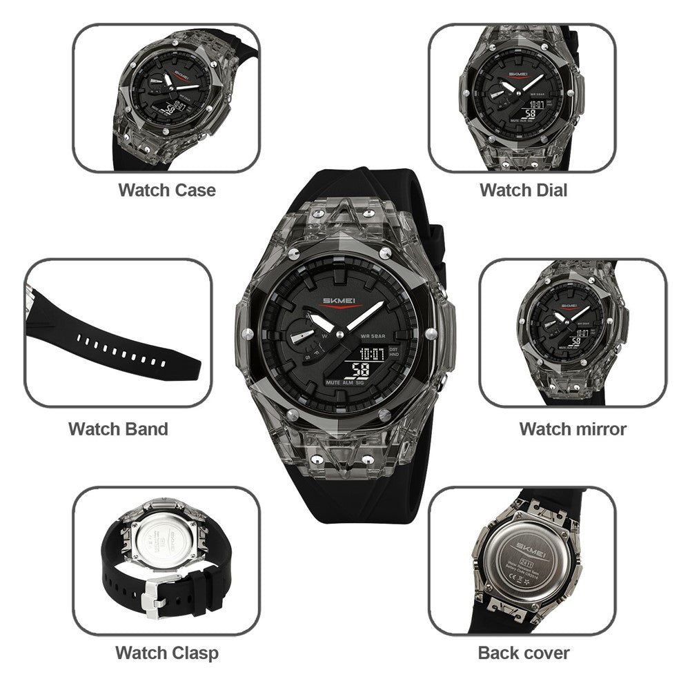 SKMEI 2411 Multifunktionelt elektronisk ur Digitalt + analogt display Gennemsigtig urkasse Lysende armbåndsur