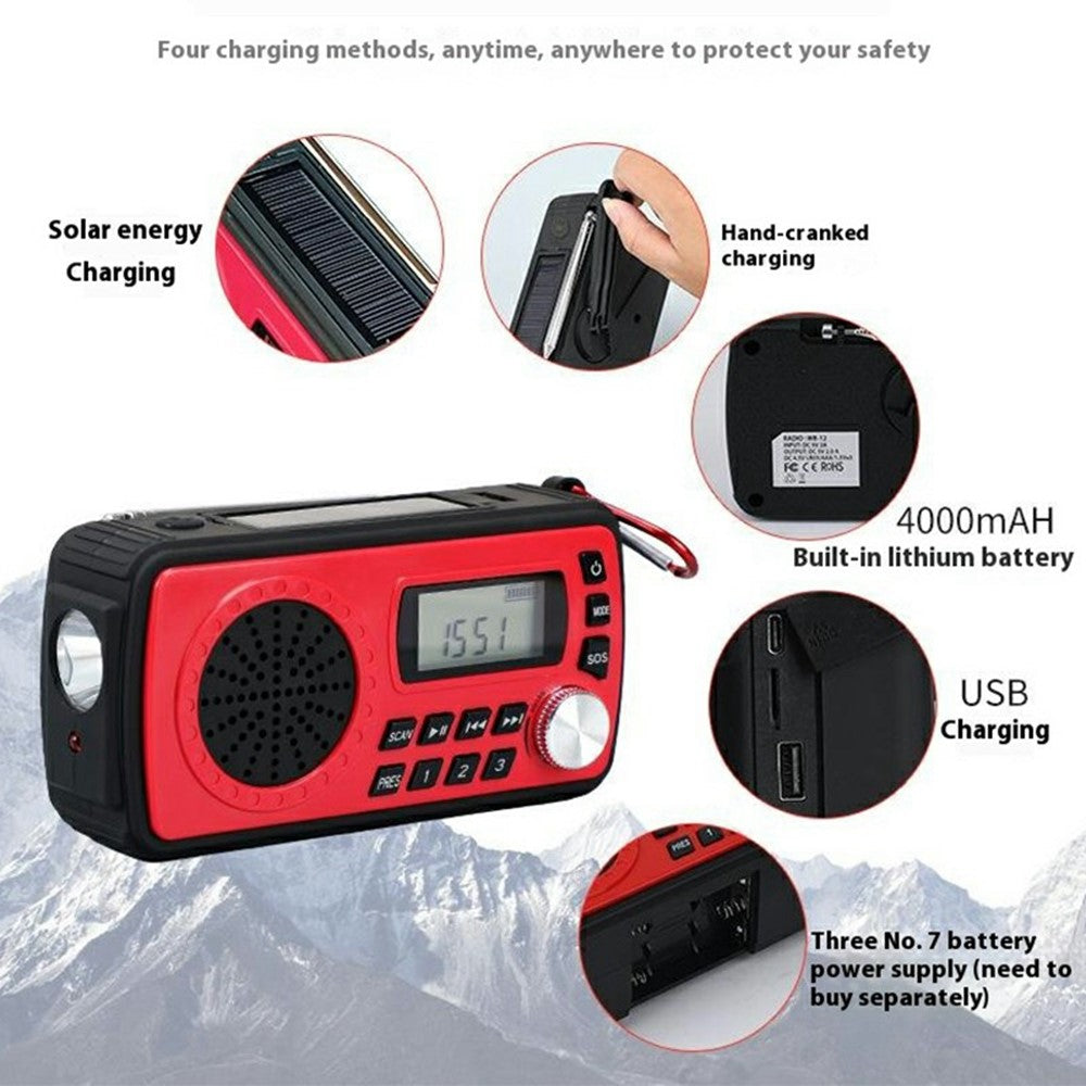 WB-12 Outdoor Emergency SOS Radio Solar Powered Hand Crank AM / FM / WB Weather Alert Flashlight Power Bank