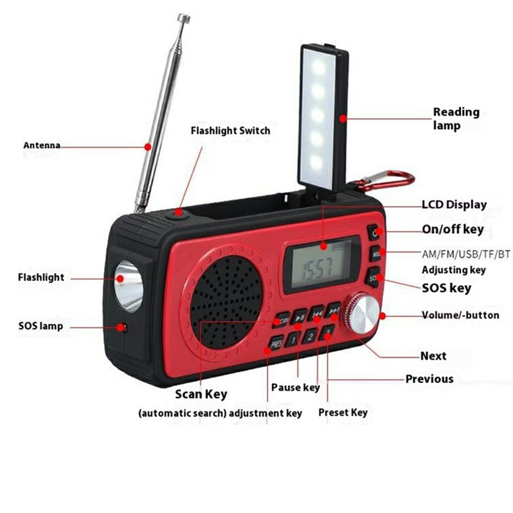 WB-12 Outdoor Emergency SOS Radio Solar Powered Hand Crank AM / FM / WB Weather Alert Flashlight Power Bank
