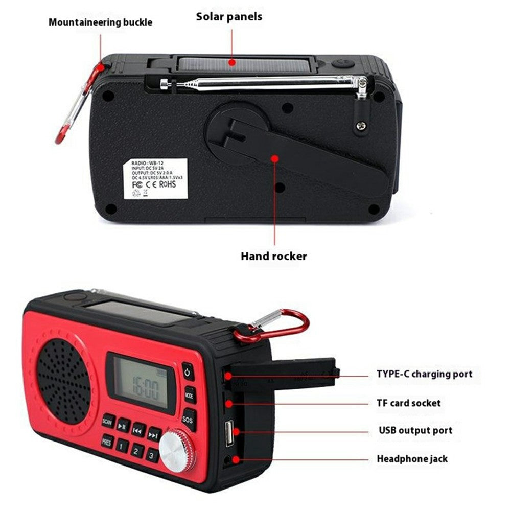 WB-12 Outdoor Emergency SOS Radio Solar Powered Hand Crank AM / FM / WB Weather Alert Flashlight Power Bank