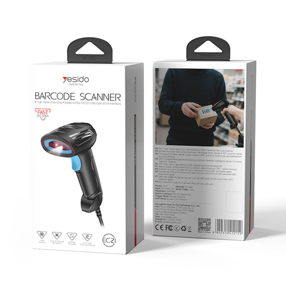 YESIDO EC21 1D 2D Barcode Scanner 1.6m Wired Handheld Bar Code Reader Scanning Device