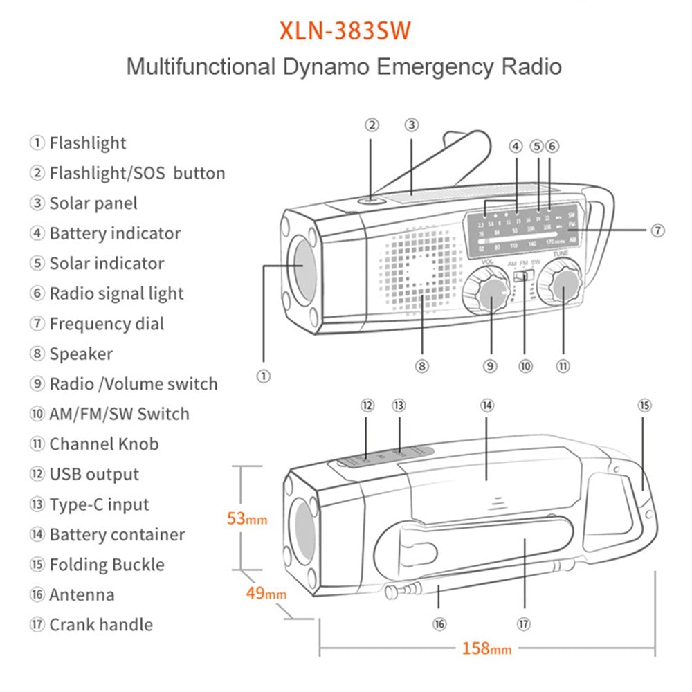 XLN-383 Emergency Solar Powered AM FM SW Radio Hand Crank Flashlight SOS Alarm Power Bank