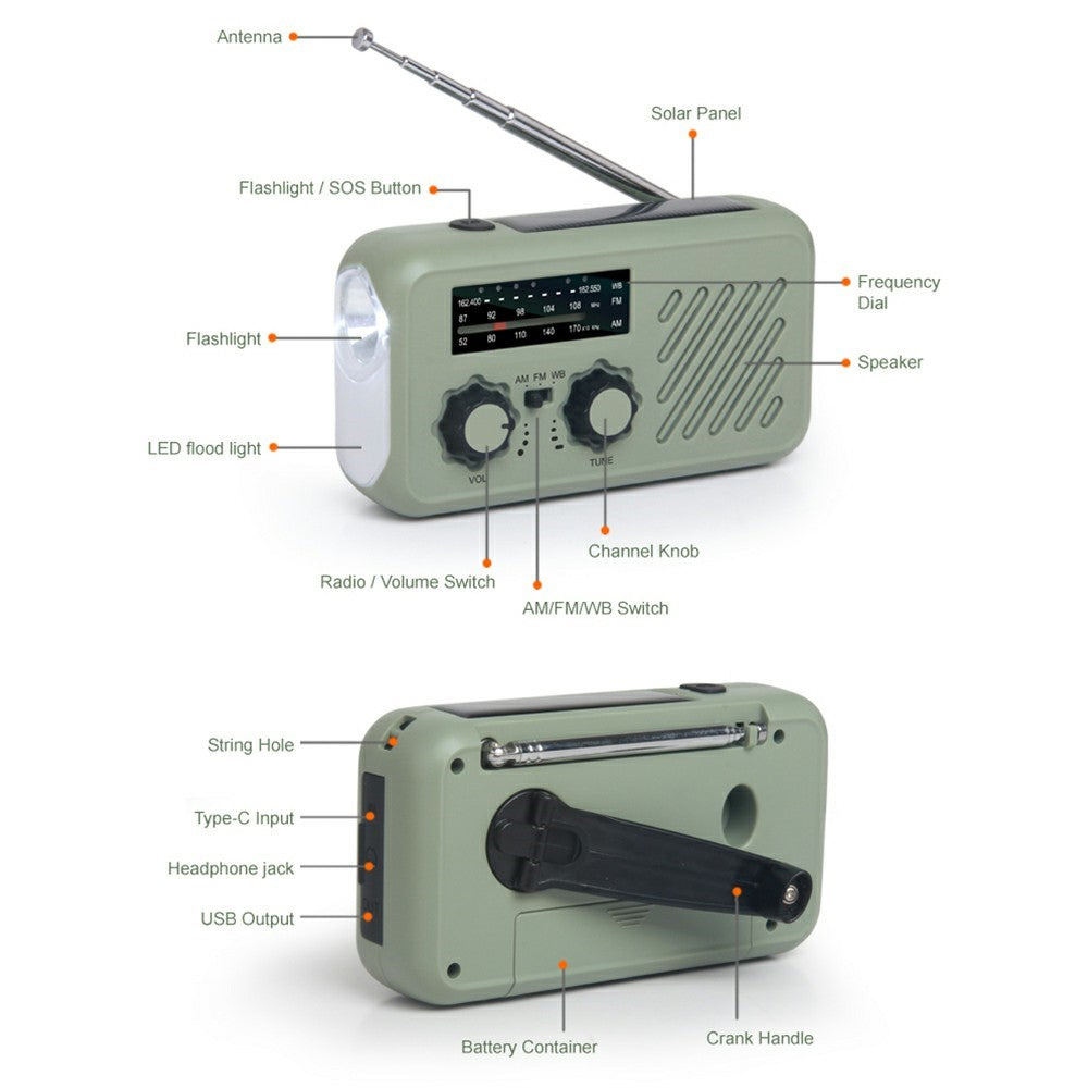 XLN-297 Solar Powered Multi-Function Radio AM FM SW Hand Crank Flashlight SOS Alarm Phone Charger