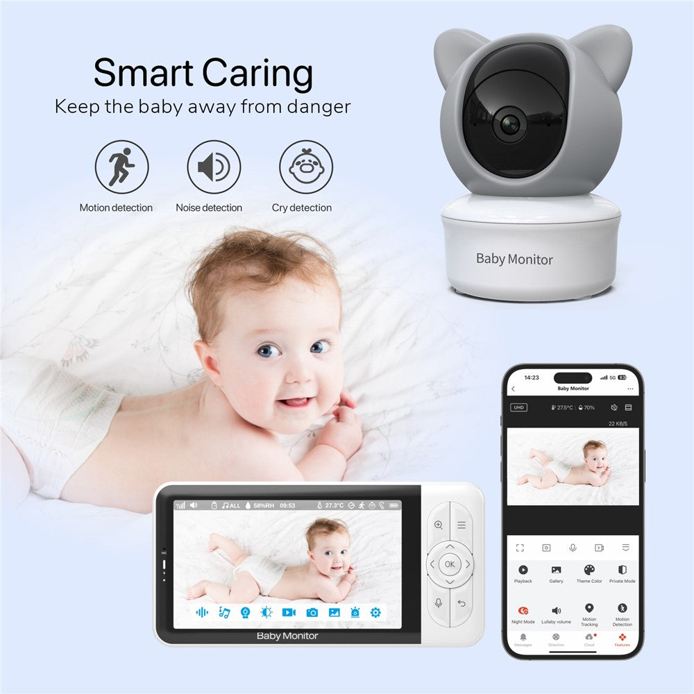 BABY6TY Tuya 5-tommers babyalarm med tovejslyd, 1080P-wifi-kamera og videoovervågningsenhed til spædbørn