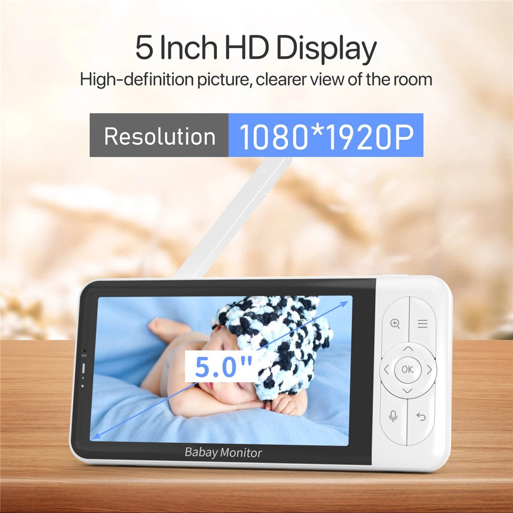 BABY6TY Tuya 5-tommers babyalarm med tovejslyd, 1080P-wifi-kamera og videoovervågningsenhed til spædbørn