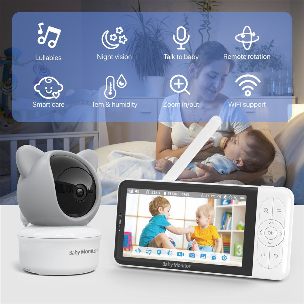 BABY6TY Tuya 5-tommers babyalarm med tovejslyd, 1080P-wifi-kamera og videoovervågningsenhed til spædbørn
