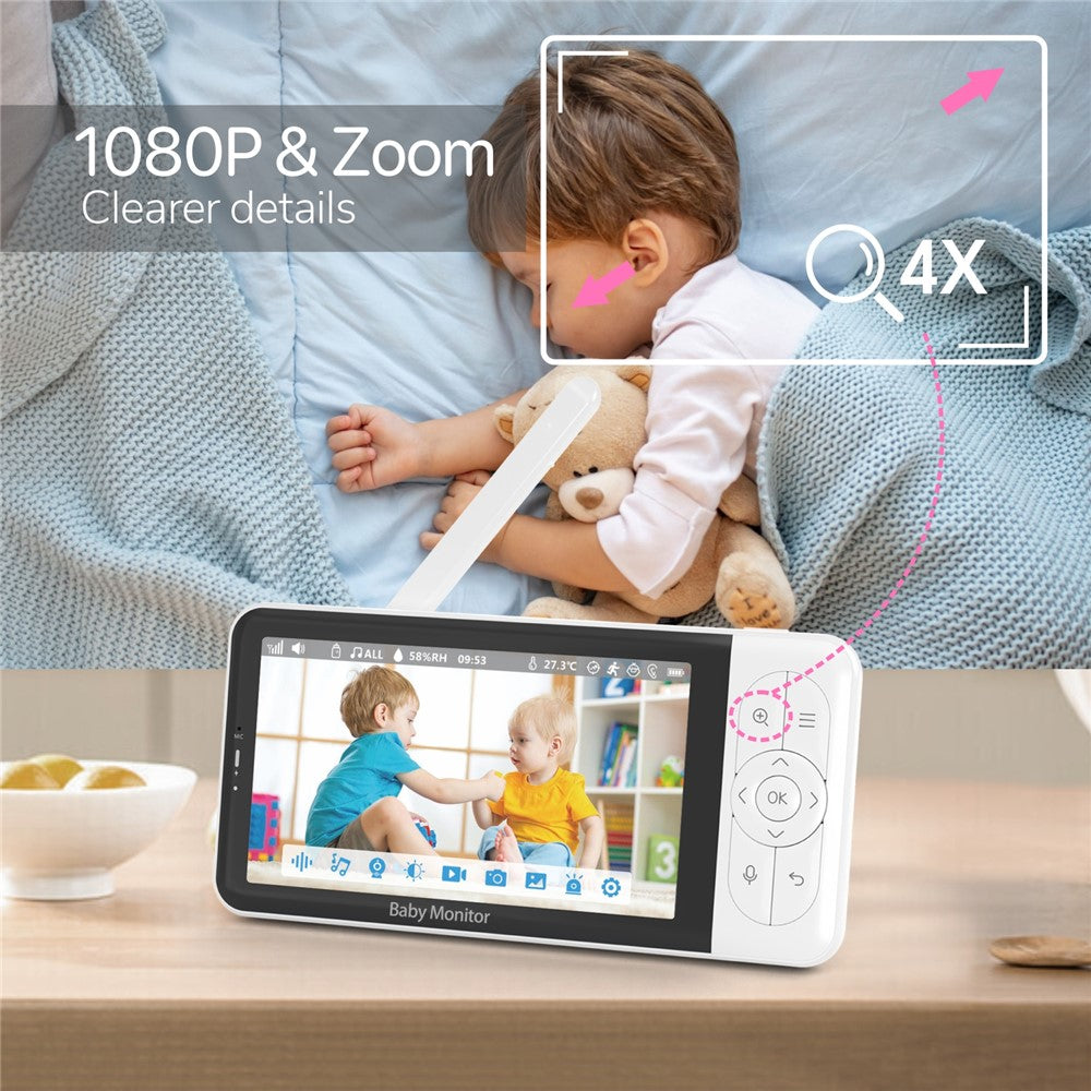 BABY6TY Tuya 5-tommers babyalarm med tovejslyd, 1080P-wifi-kamera og videoovervågningsenhed til spædbørn