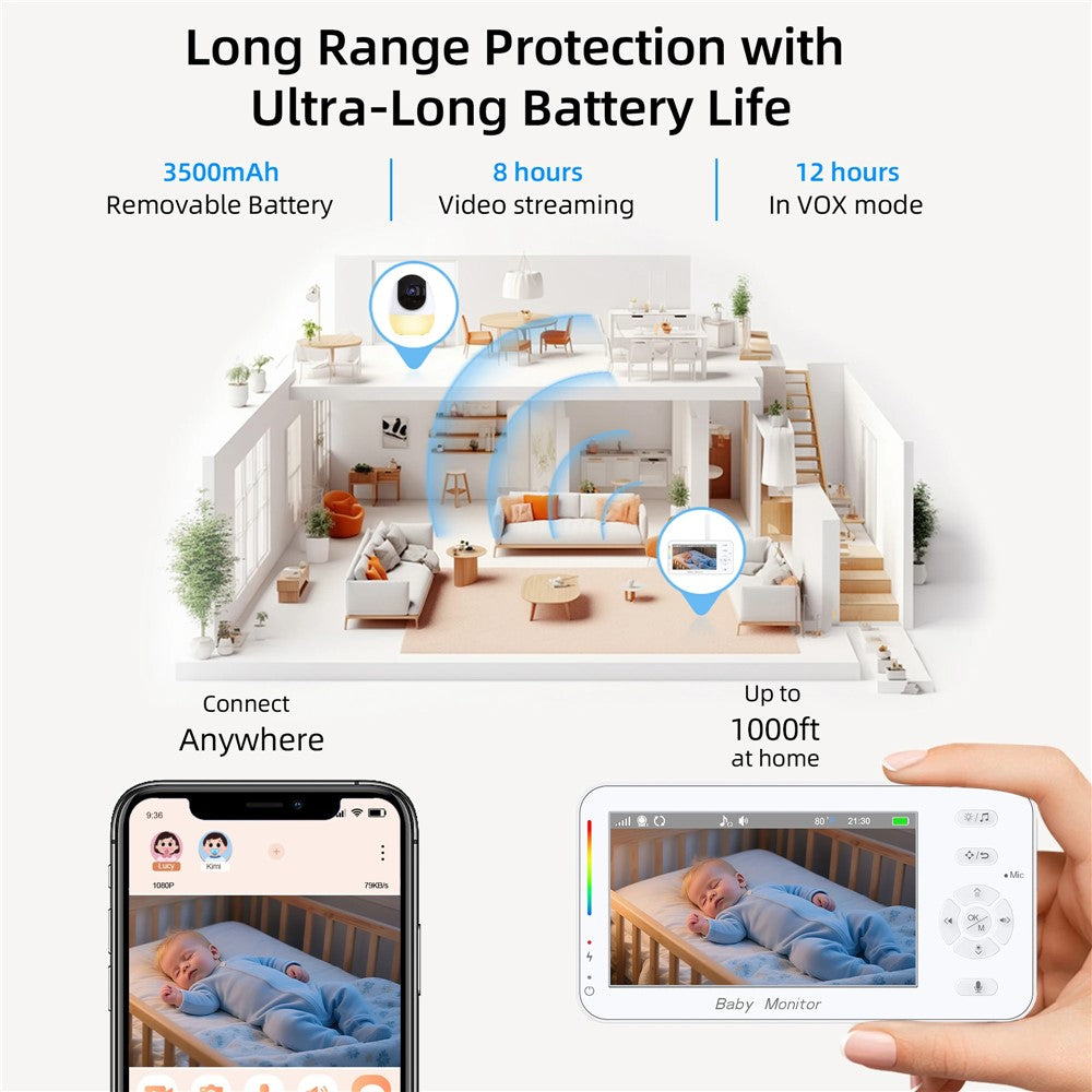 ABM206 4,3 tums babyvakt spädbarn 2,4G WiFi app videoövervakning nattseende tvåvägs ljudkamera