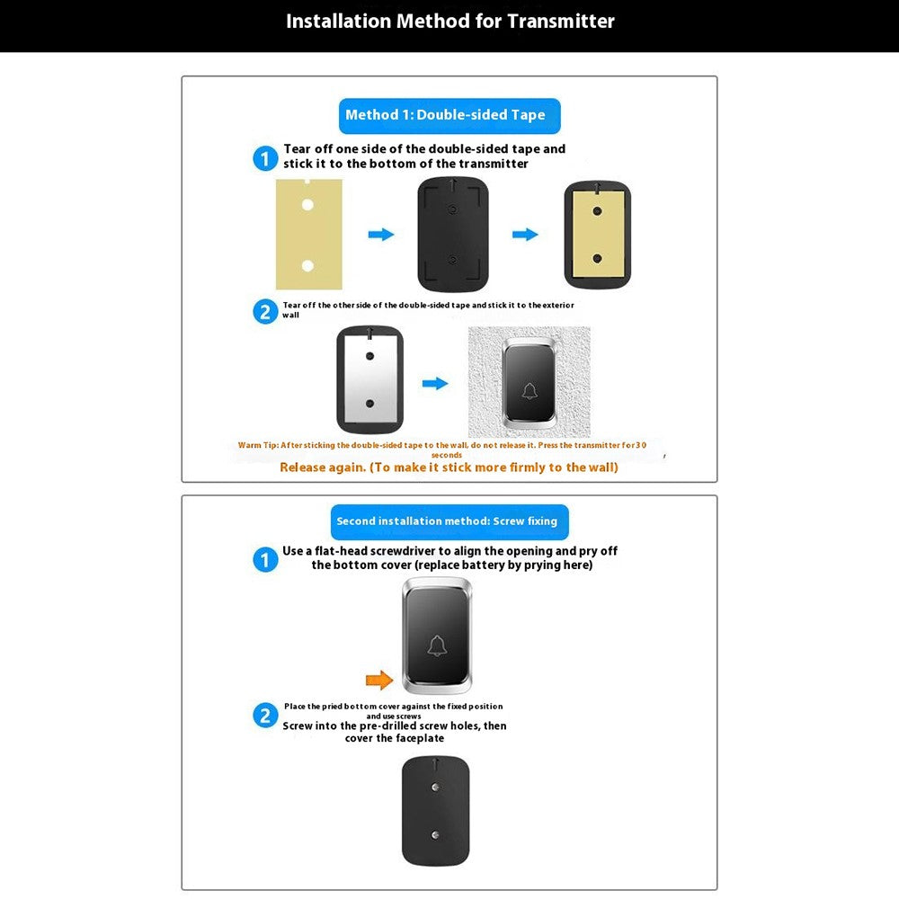 W906 300m Range Wireless Doorbell 60 Ringtones 5 Volume Levels Door Chime Kit, 1 Transmitter + 1 Receiver