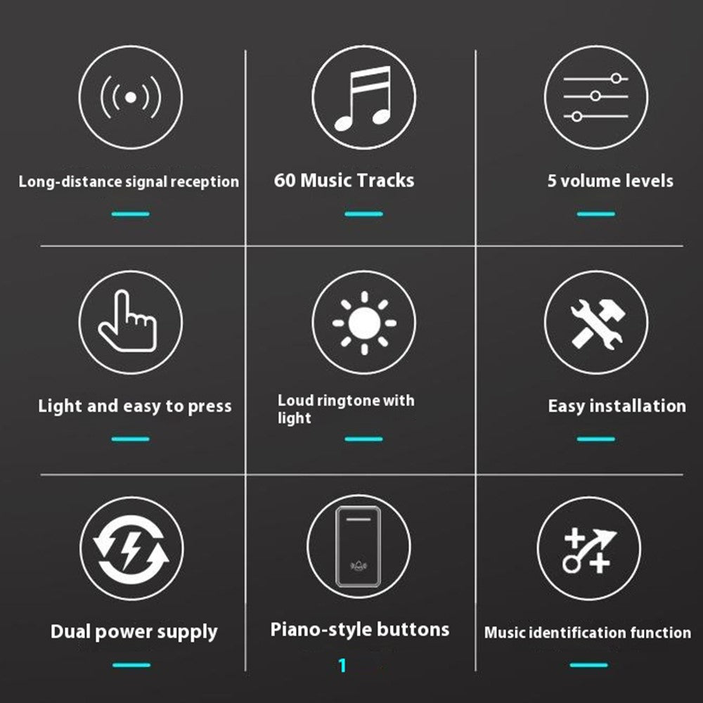 W906 300m Range Wireless Doorbell 60 Ringtones 5 Volume Levels Door Chime Kit, 1 Transmitter + 1 Receiver