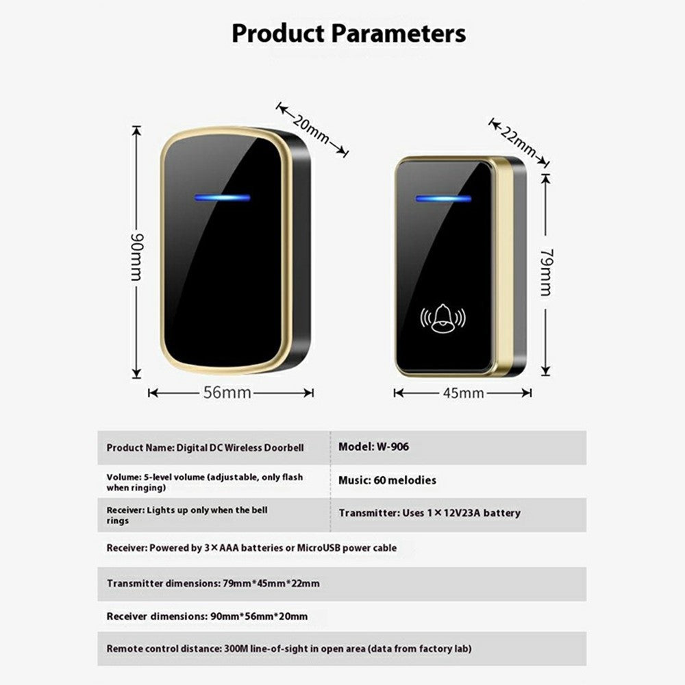 W906 300m Range Wireless Doorbell 60 Ringtones 5 Volume Levels Door Chime Kit, 1 Transmitter + 2 Receivers