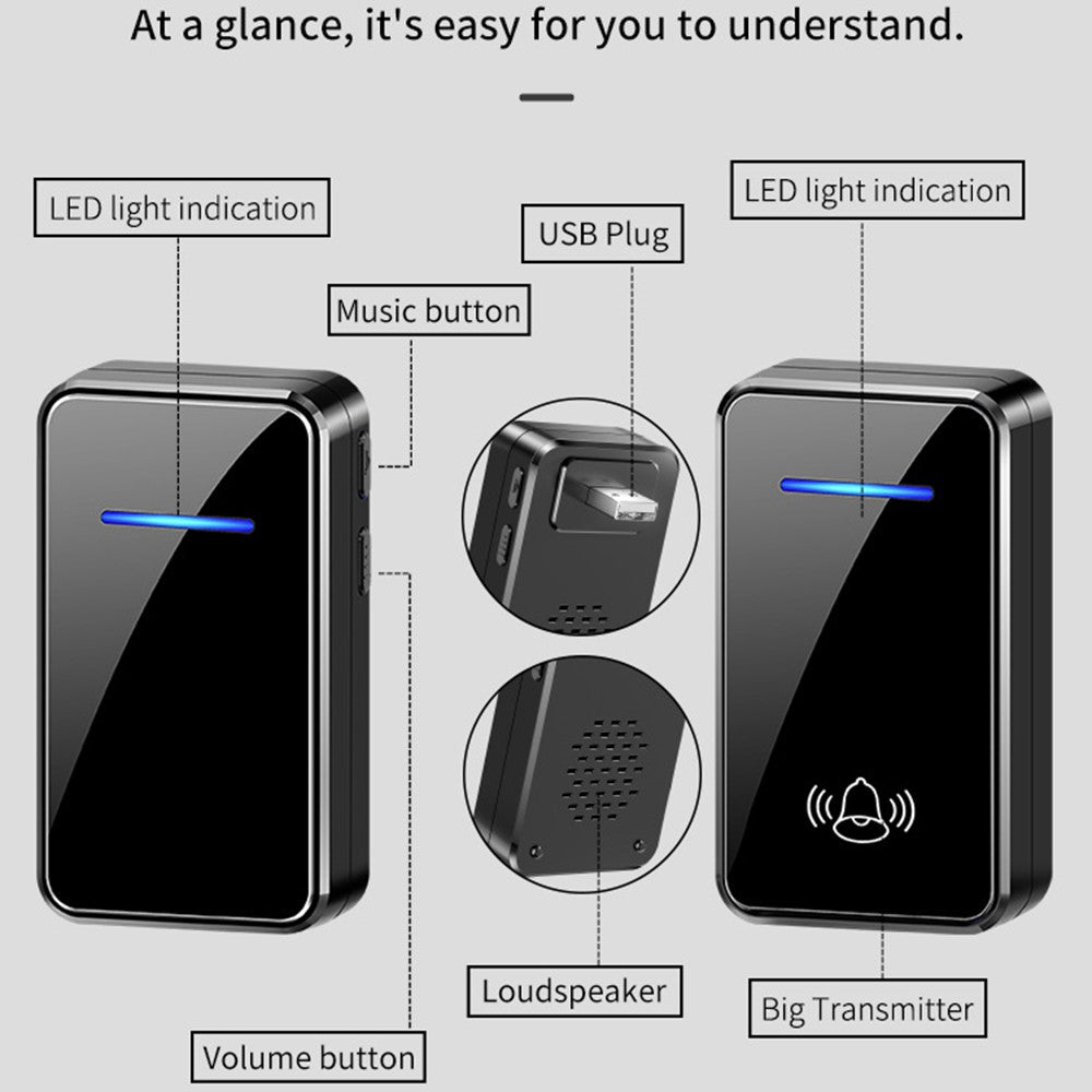 A80 Wireless USB Doorbell for Home 150m Range 60 Melodies 5 Volume Levels Door Chime, 1 Transmitter + 2 Receivers