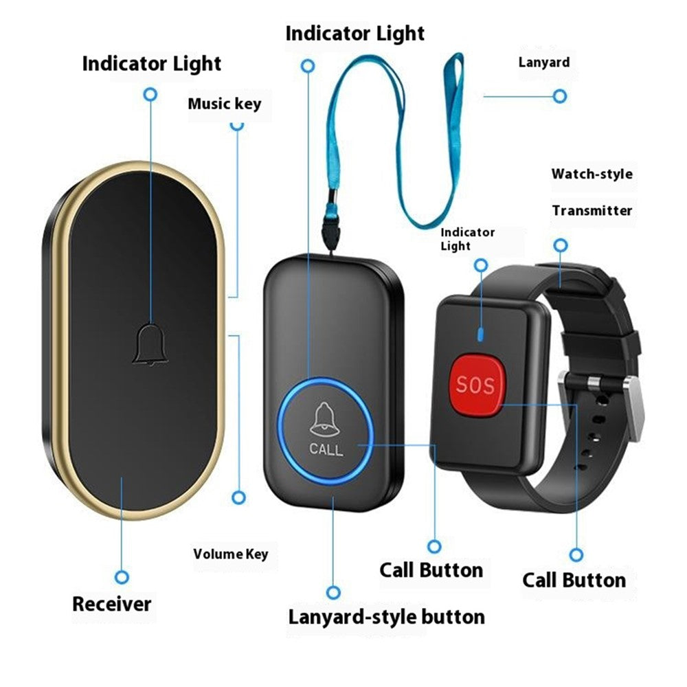 A18 For Elderly SOS Emergency Call Button 60 Melodies Adjustable Volume 300m Wireless Alarm System, 1 Watch Button + 1 EU Plug Receiver