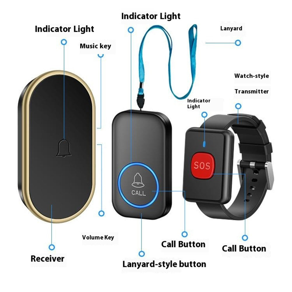 A18 For Elderly SOS Emergency Call Button 60 Melodies Adjustable Volume 300m Wireless Alarm System, 1 Lanyard Button + 1 EU Plug Receiver