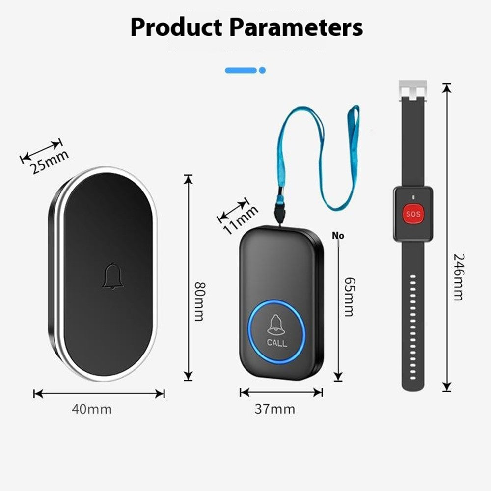 A18 For Elderly SOS Emergency Call Button 60 Melodies 300m Wireless Alarm System, 1 Watch Button + 1 Lanyard Button + 1 EU Plug Receiver
