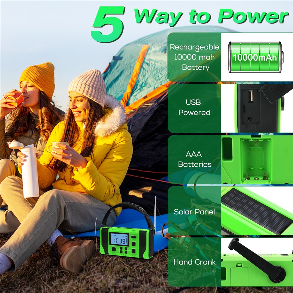 EGR-168-WB LCD-skärm Soldriven handvev AM/FM-radio SOS-alarm 10000mAh powerbank med LED-ficklampa