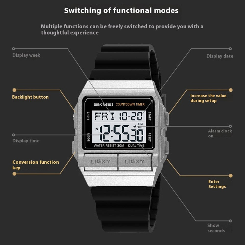 SKMEI 2475 Square Digital Watch for Students Chronograph Electronic Wristwatch with EL Backlight