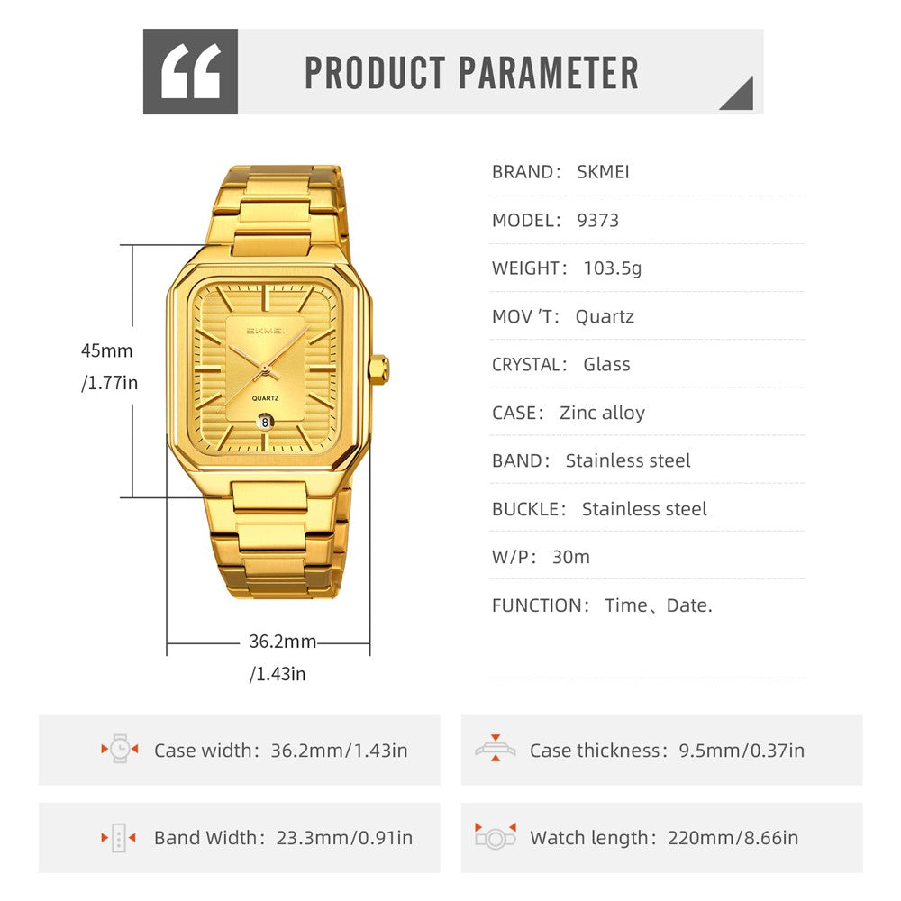 SKMEI 9373 Stainless Steel Strap Quartz Watch with Calendar Function Business Men Analog Display Wristwatch