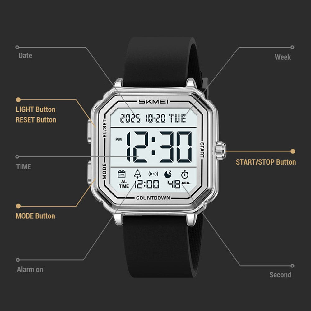 SKMEI 2559 Date Display Electronic Watch with EL Backlight Stainless Steel Strap Digital Wristwatch