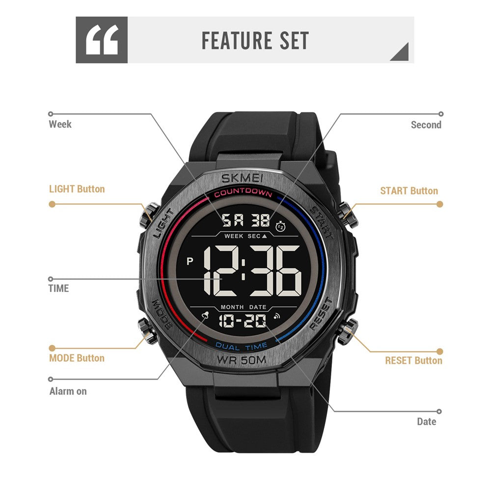 SKMEI 2513 For Men Multi-Function Digital Watch Alarm Clock Stopwatch Electronic Wristwatch with EL Backlight