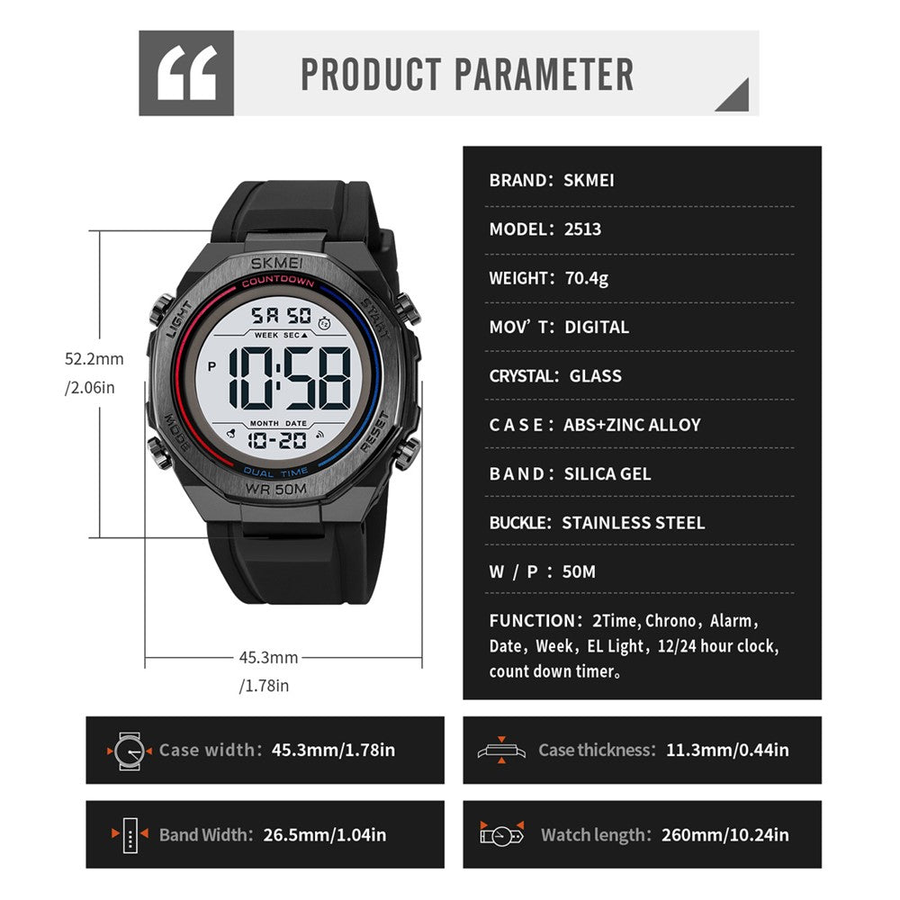SKMEI 2513 For Men Multi-Function Digital Watch Alarm Clock Stopwatch Electronic Wristwatch with EL Backlight