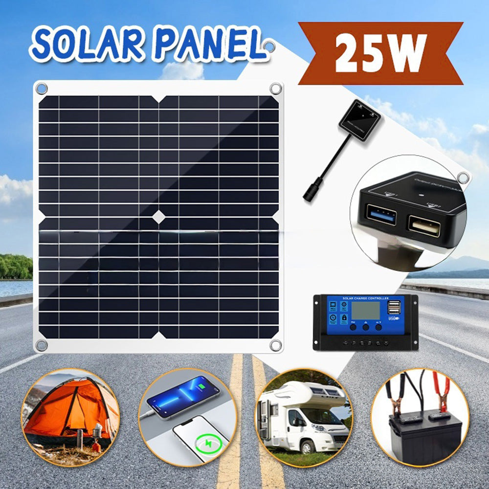 25W højeffektivt solpanel bærbar udendørs nødoplader med dobbelt USB-udgang til camping/vandring
