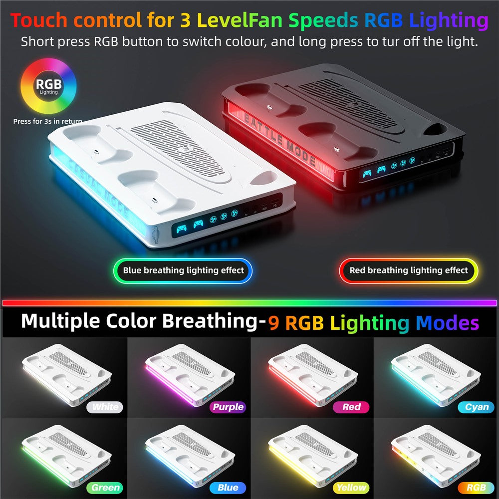8041 Cooling Fan Base for Sony PlayStation 5 Pro / 5 Slim / 5 Game Console Charger Stand with RGB Light