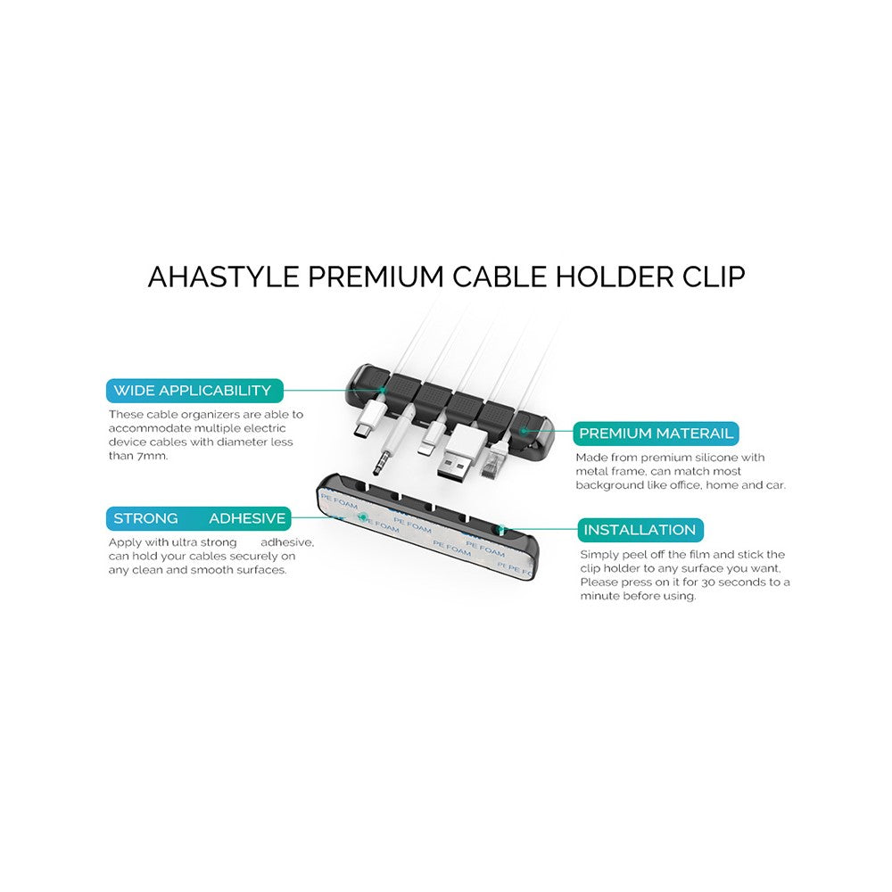 AHASTYLE PT125 3Pcs Cable Management Organizer Aluminum Alloy Silicone 5 Slots Desktop Wire Holder Clip