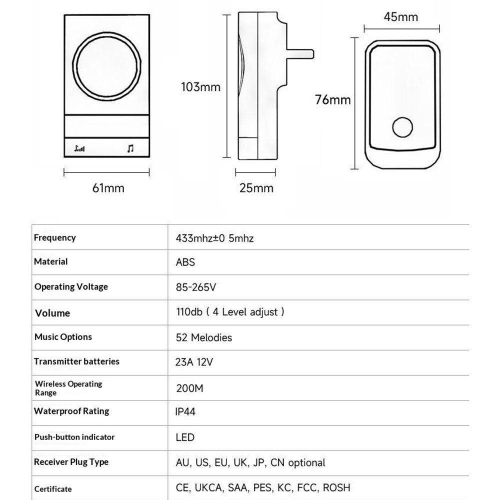 N189 52 Melodies Waterproof 200M Range Wireless Digital Music Doorbell, 1 Transmitter + 1 Receiver