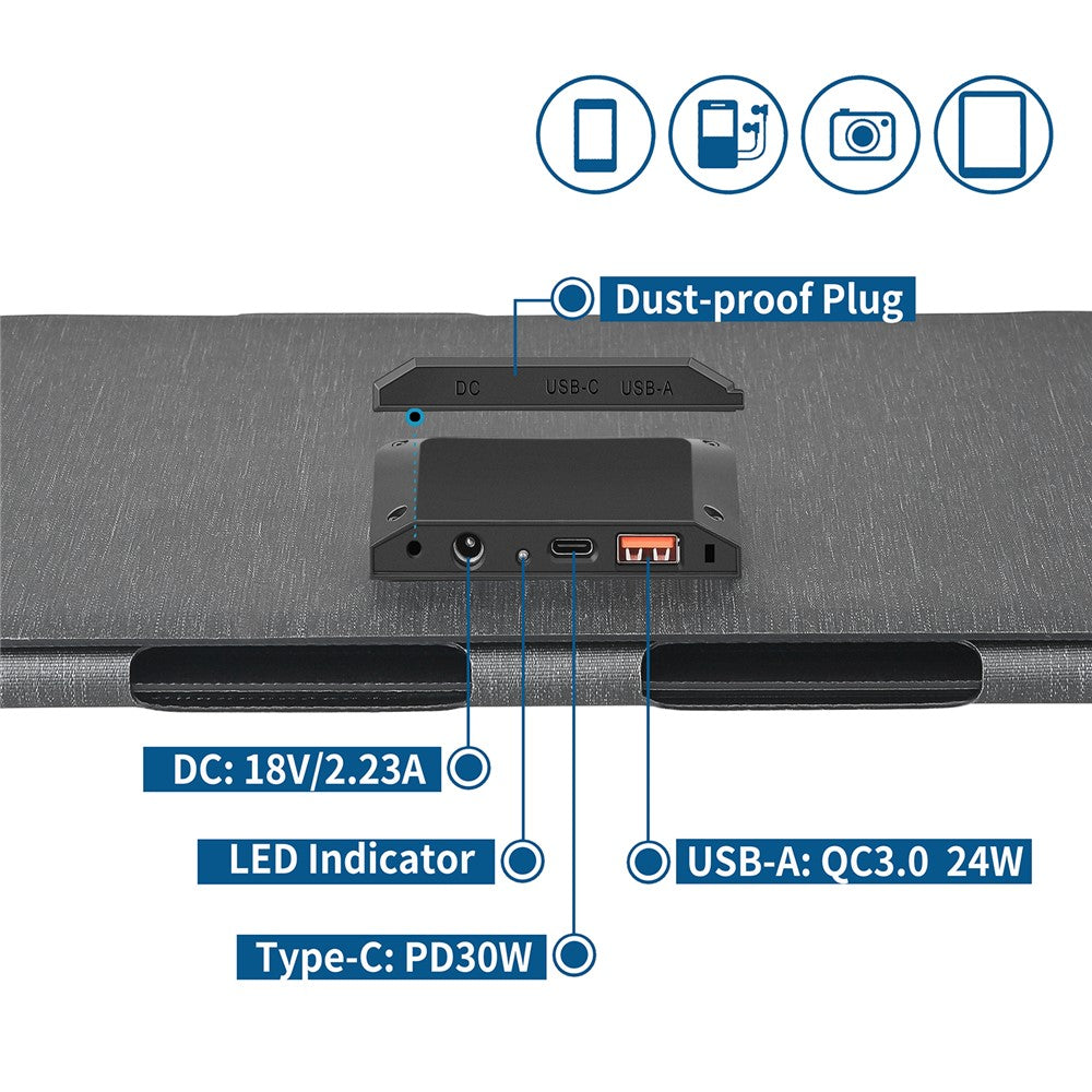 DE-40 40W Solar Charger with Type-C  /  USB  /  DC Ports IP65 Waterproof Foldable Monocrystalline Solar Panel