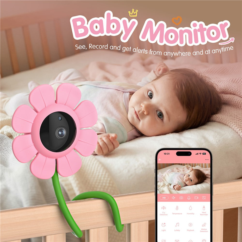 V1 HD WiFi Blomdesign Babyvakt Trådlös Fjärrkontroll 107° Vy 2-vägs Ljud Nattseende Babykamera