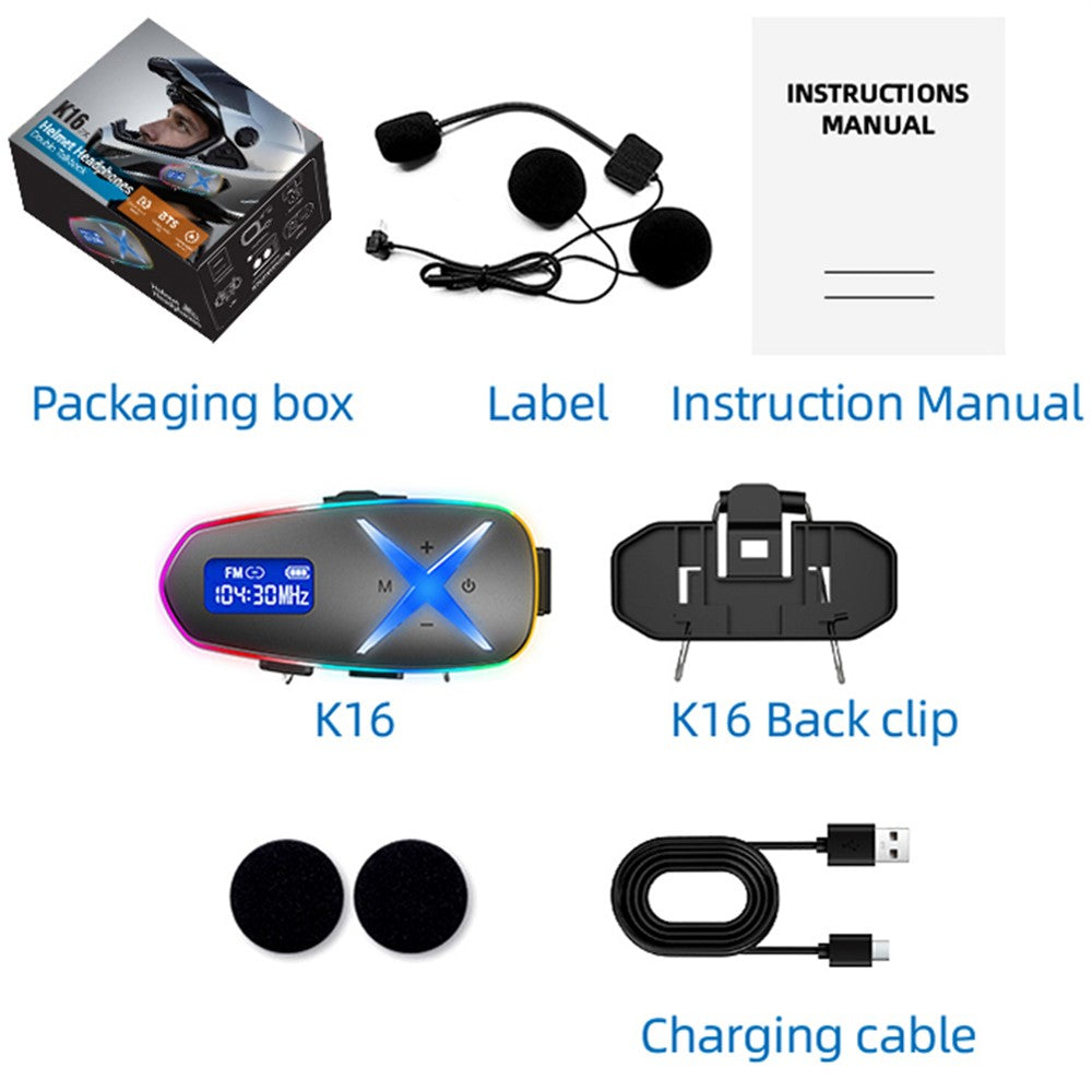 K16 Helmet Bluetooth-compatible Headphones Music Stereo 40H Playtime IP65 Waterproof Wireless Earphones for Motorcycle (No Memory Card)
