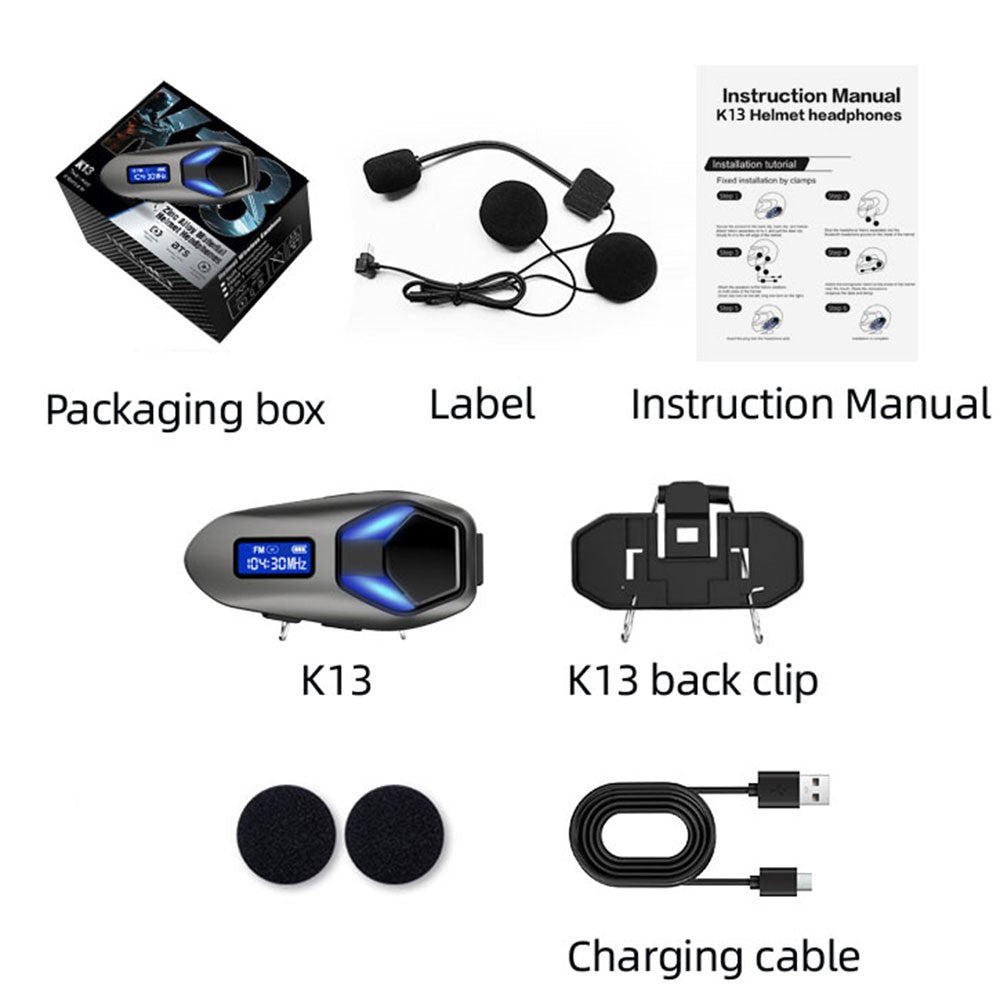 K13-2X Motorcycle Helmet Bluetooth-compatible Headset IP65 Waterproof Intercom 40H Battery Helmet Headphone (No Memory Card)