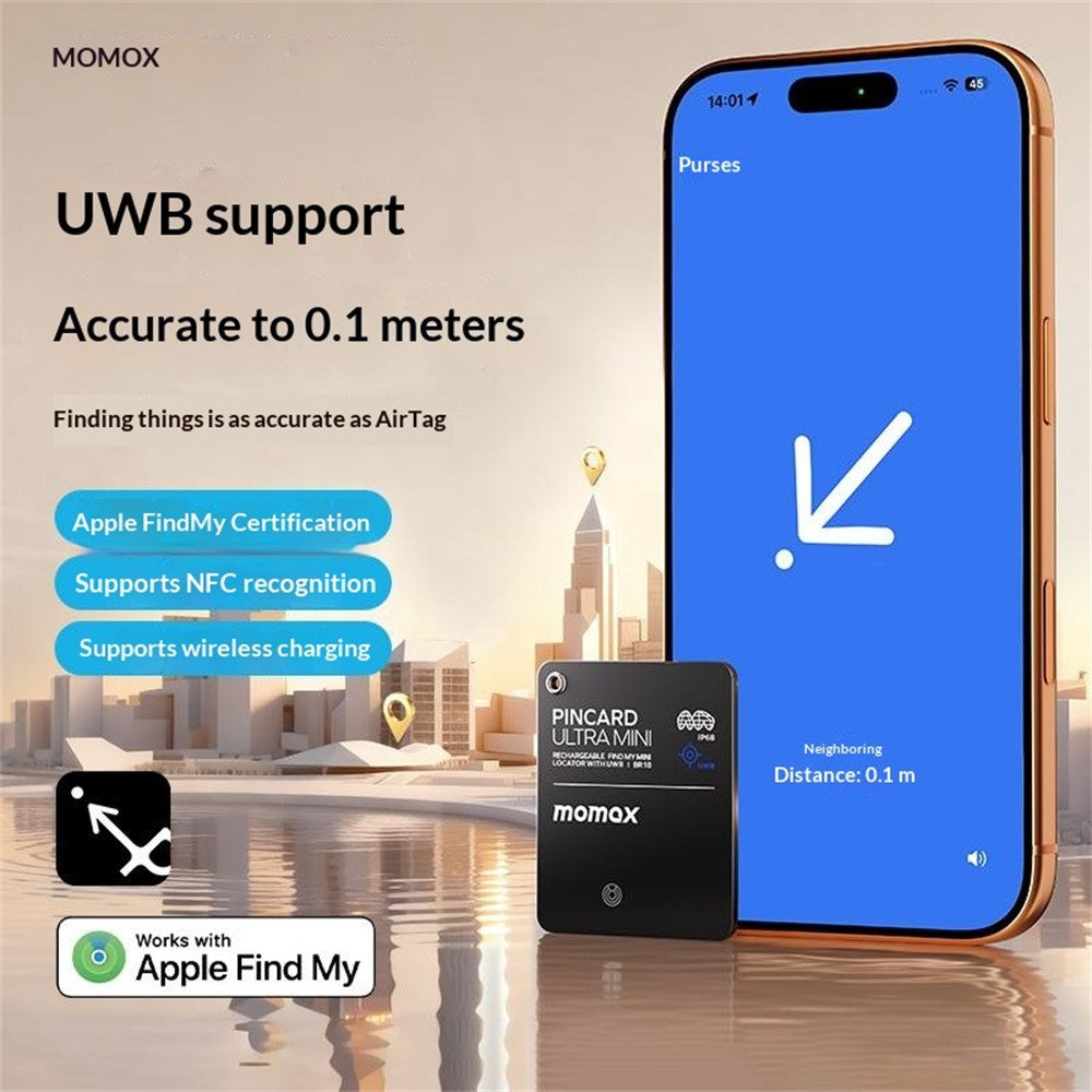 MOMAX BR18 PINCARD ULTRA MINI Wireless Charging UWB Tracker Tracking Device Anti-Lost Tracker for iOS