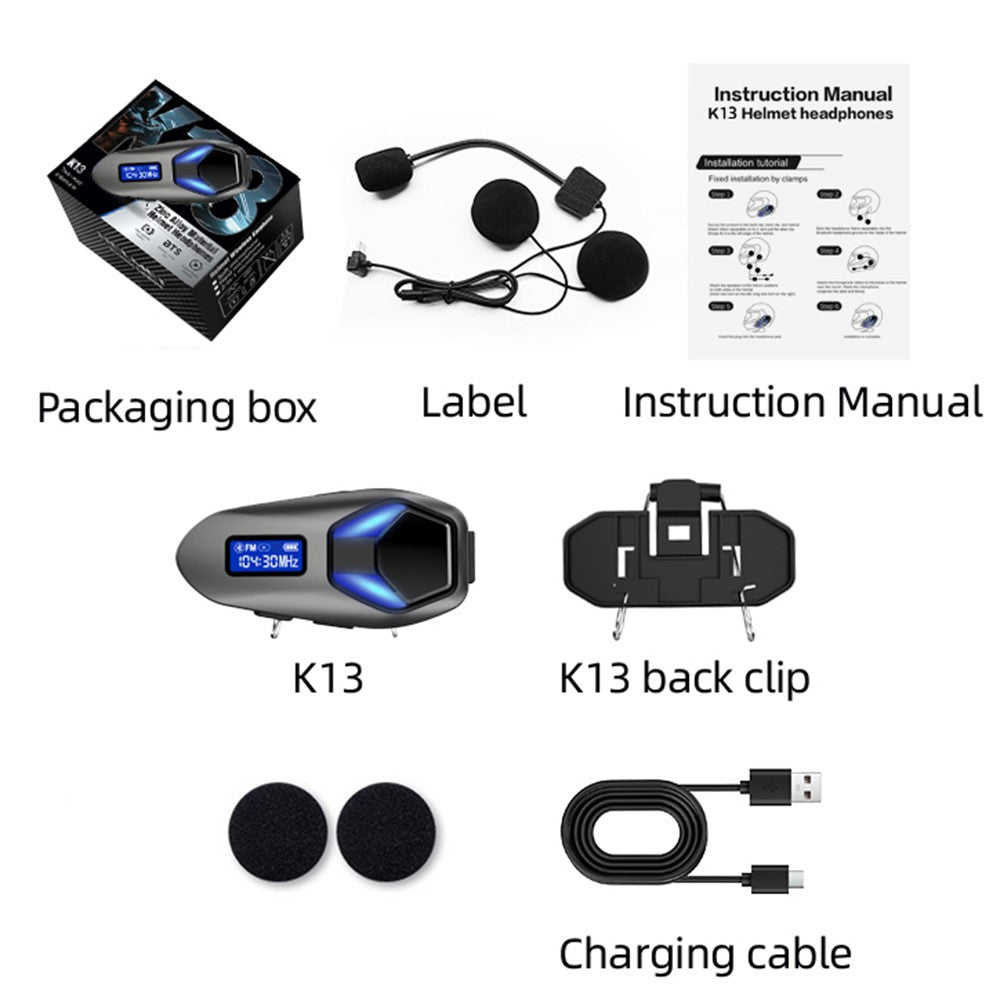 K13-2X Motorcycle Bluetooth-compatible Helmet Intercom Headset IP65 Waterproof 40H Battery Wireless Headphones for Riding