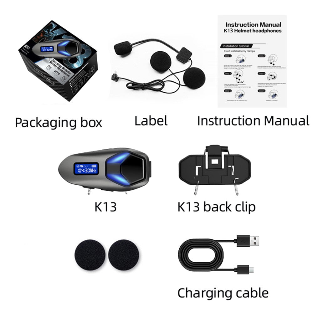 K13-2X Bluetooth-kompatible motorcykelhjelmhovedtelefoner IP65 Vandtæt Trådløst Headset til Ridesport