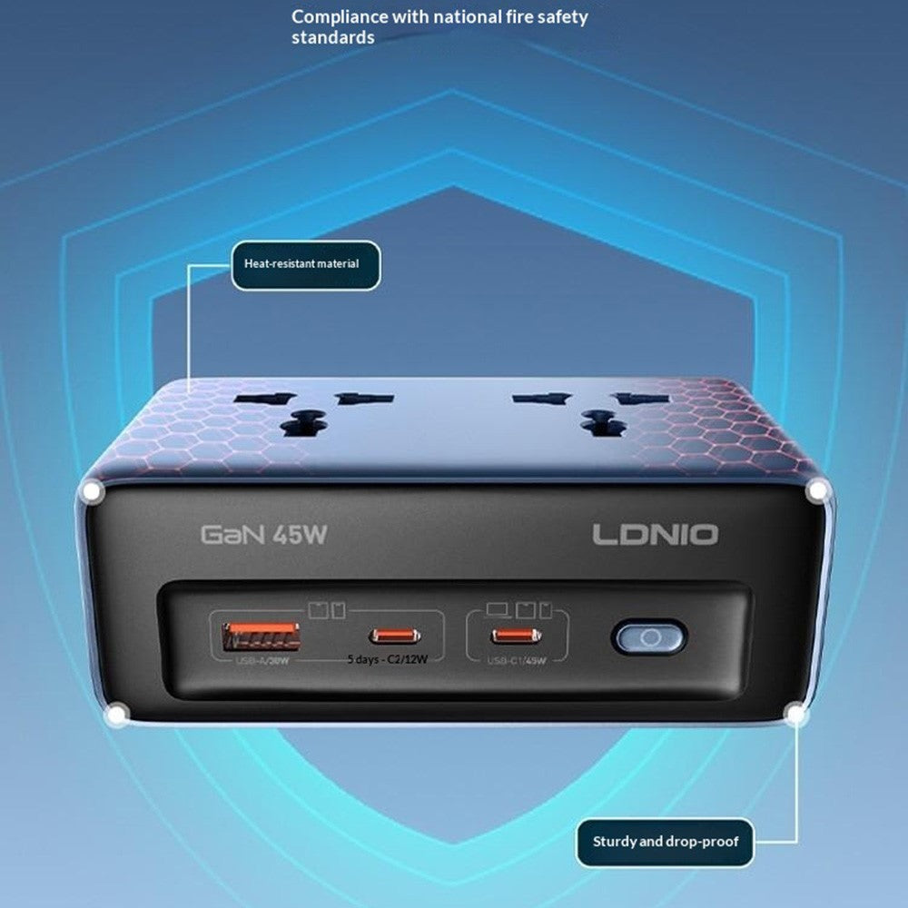 LDNIO SC1 5-in-1 GaN 45W Desktop Power Strip 2 AC Outlets 3 USB Ports USB-C PD Fast Charging Hub Station for Office Home