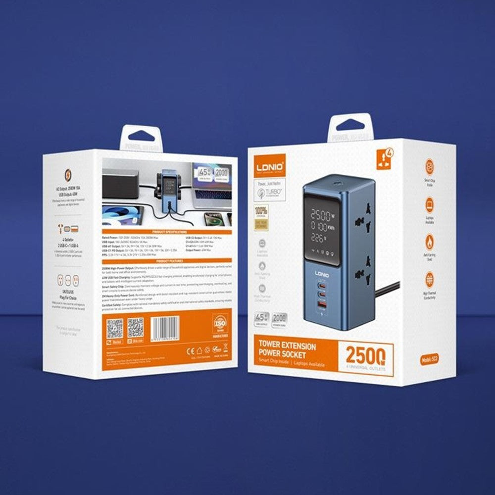 LDNIO SC2 7-i-1 stationär grenuttag 4 AC-uttag 3 USB-portar 45W GaN USB snabbladdningstornuttag för kontor/hem
