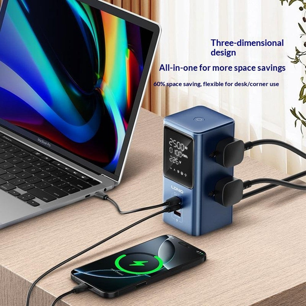 LDNIO SC2 7-i-1 stationär grenuttag 4 AC-uttag 3 USB-portar 45W GaN USB snabbladdningstornuttag för kontor/hem
