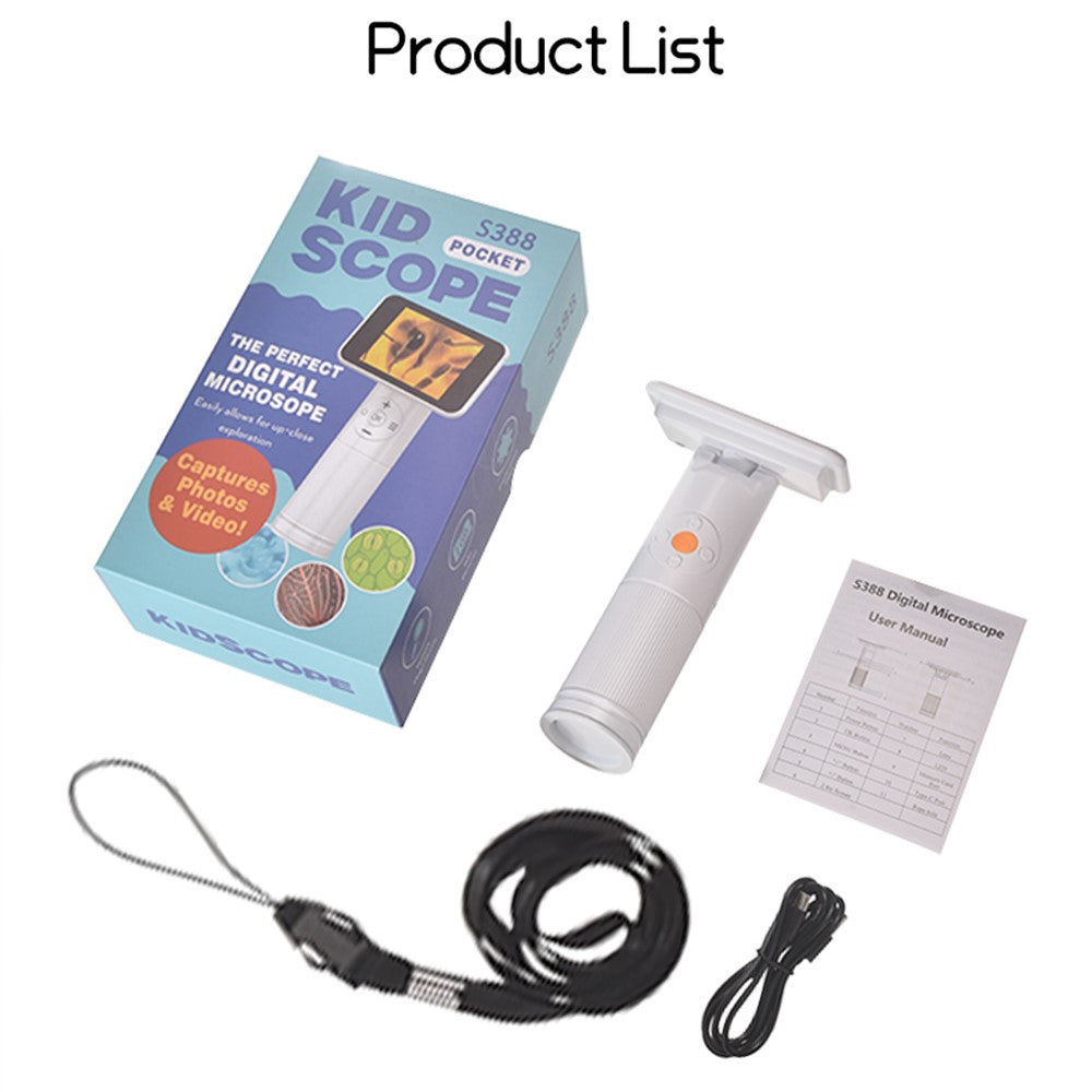 S388 Kids Digital Microscope 2MP 2.8 inch 1600X Magnification Microscope for Science Education (without Memory Card)