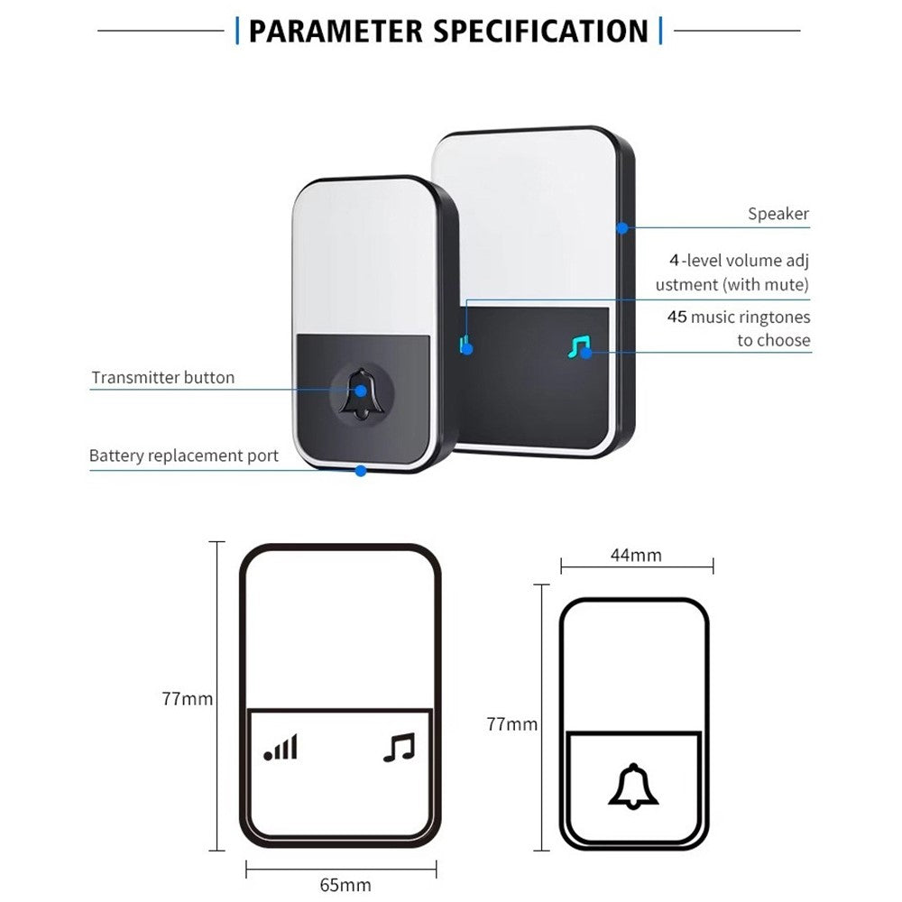 U500 IP44 Waterproof 45 Ringtones 4 Volume Levels 150-200m Range Wireless Doorbell Kit, 2 Transmitters + 1 Receiver