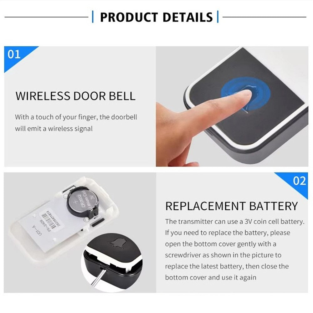 U500 IP44 Waterproof 45 Ringtones 4 Volume Levels 150-200m Range Wireless Doorbell Kit, 2 Transmitters + 1 Receiver