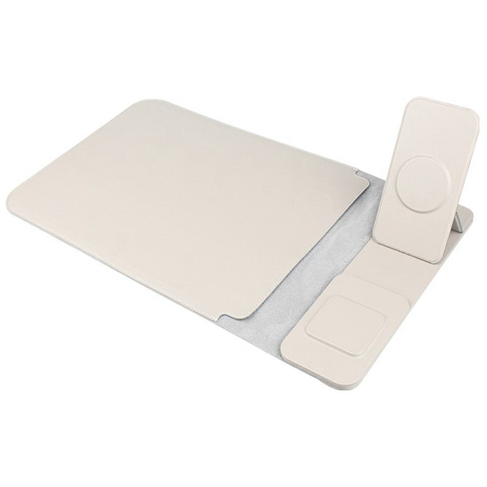 S112 3-in-1 Multifunctional PU Leather Laptop Sleeve with Magnetic Wireless 15W Fast Charging Pad Stand for Phone Earbuds
