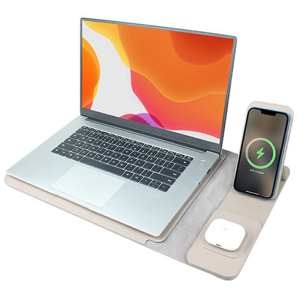 S112 3-in-1 Multifunctional PU Leather Laptop Sleeve with Magnetic Wireless 15W Fast Charging Pad Stand for Phone Earbuds